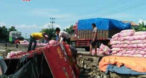 TERGULING: Diduga sopir mengantuk, truk sarat muatan puluhan karung Bawang Putih terjungkal ke sungai irigasi Karangsuno, Cepiring, Kendal, Selasa (09/1).