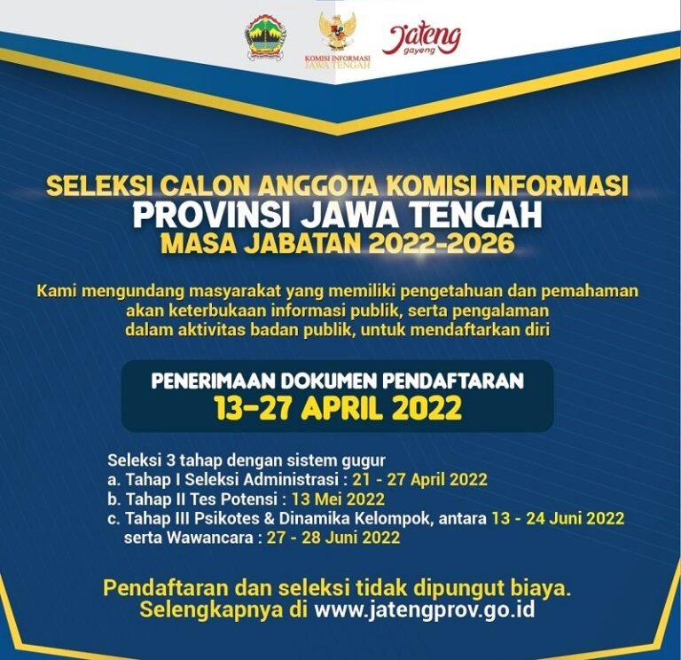 Dibuka Pendaftaran Calon Anggota Komisi Informasi Jateng Periode 2022-2026, Ini Syaratnya
