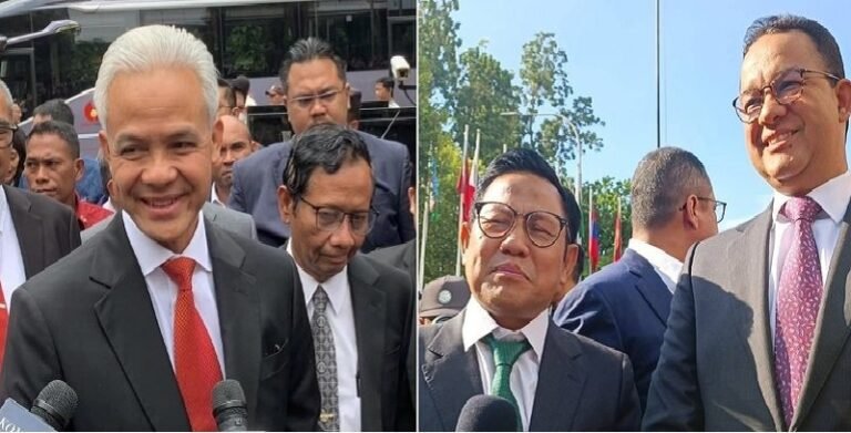 Kompak Berjas Hitam, Ganjar-Mahfud dan Anies-Cak Imin Tiba di Gedung MK