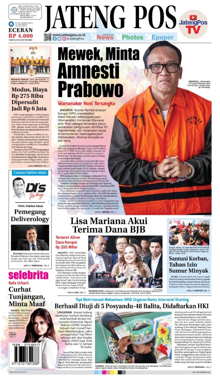 Headline Koran Jateng Pos, Sabtu 23 Agustus 2025