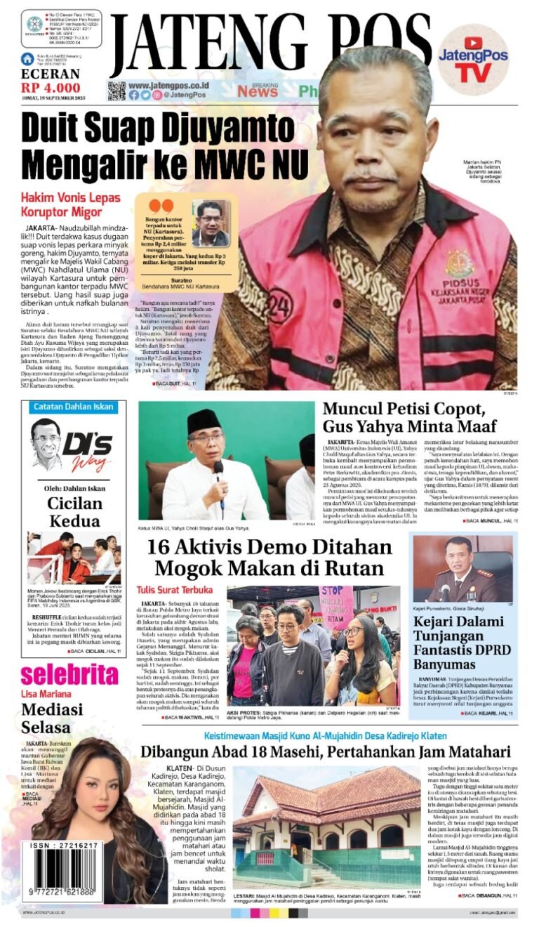 Headline Koran Jateng Pos, Jumat 19 September 2025