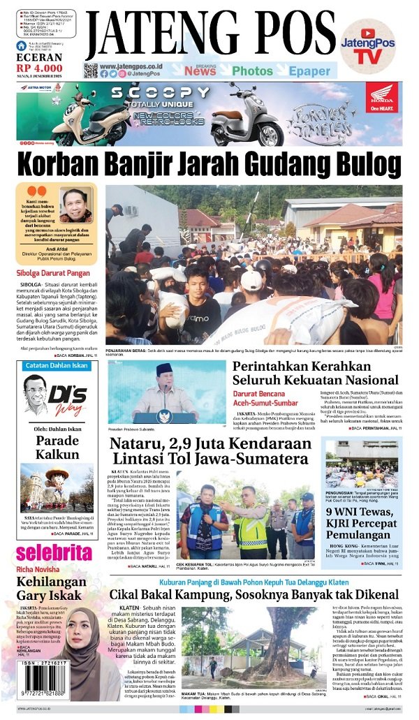 Headline Koran Jateng Pos, Senin 01 Desember 2025